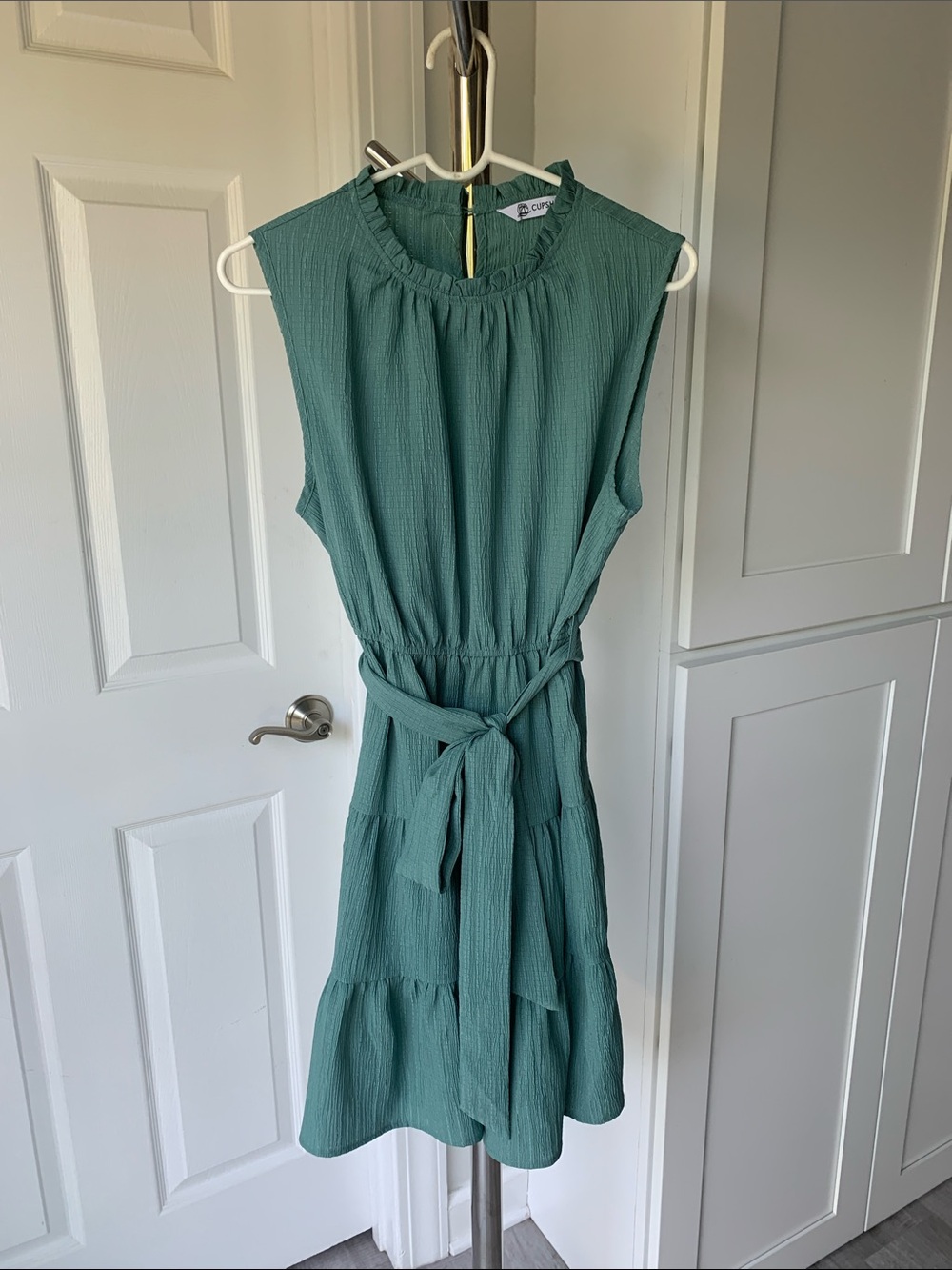 Cupshe Teal Sleeveless Tiered Ruffle-Neck Dress with Waist Tie, Size XL.